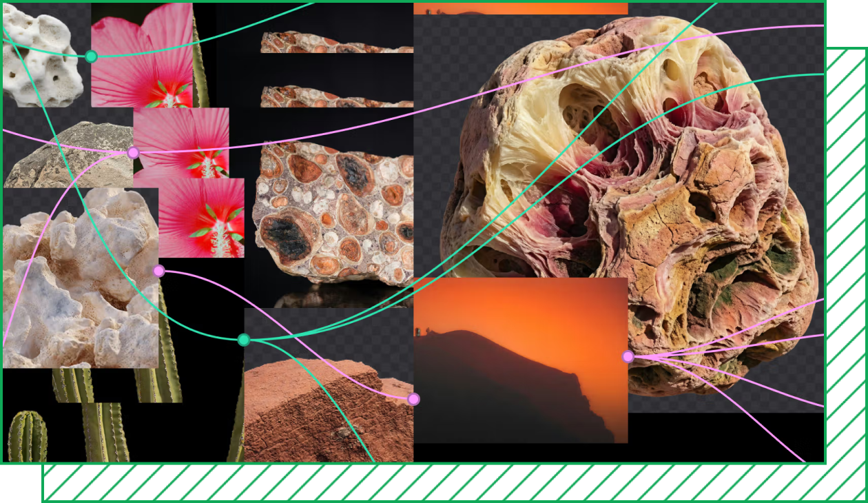 Green and pink lines connect a variety of AI-generated images 