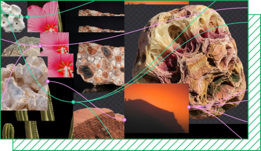 Green and pink lines connect a variety of AI-generated images