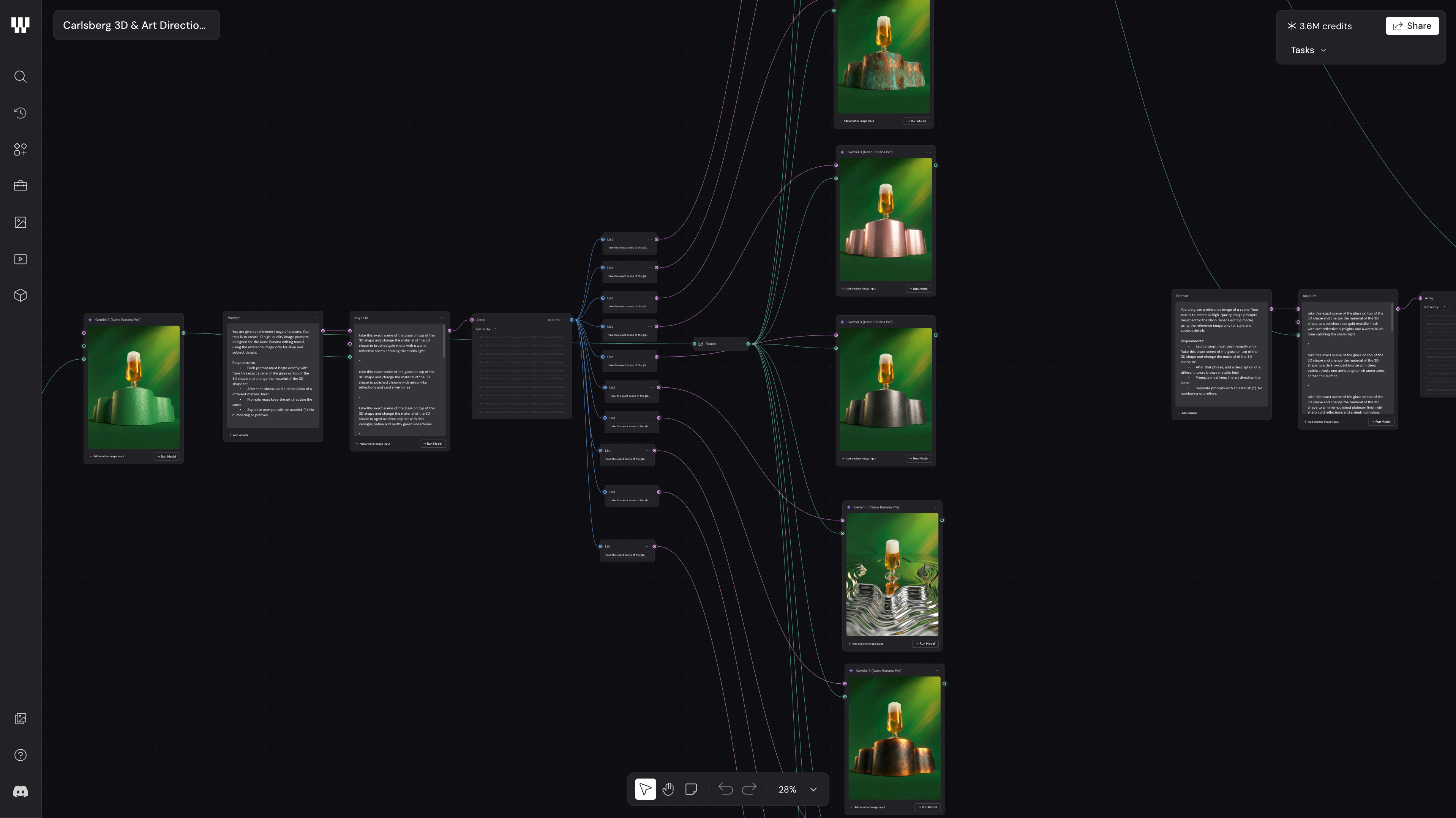 Dark-themed node-based creative workflow canvas for AI-powered art direction, showing a branching pipeline that generates and compares multiple product-render concepts connected through prompts, image outputs, and review stages.