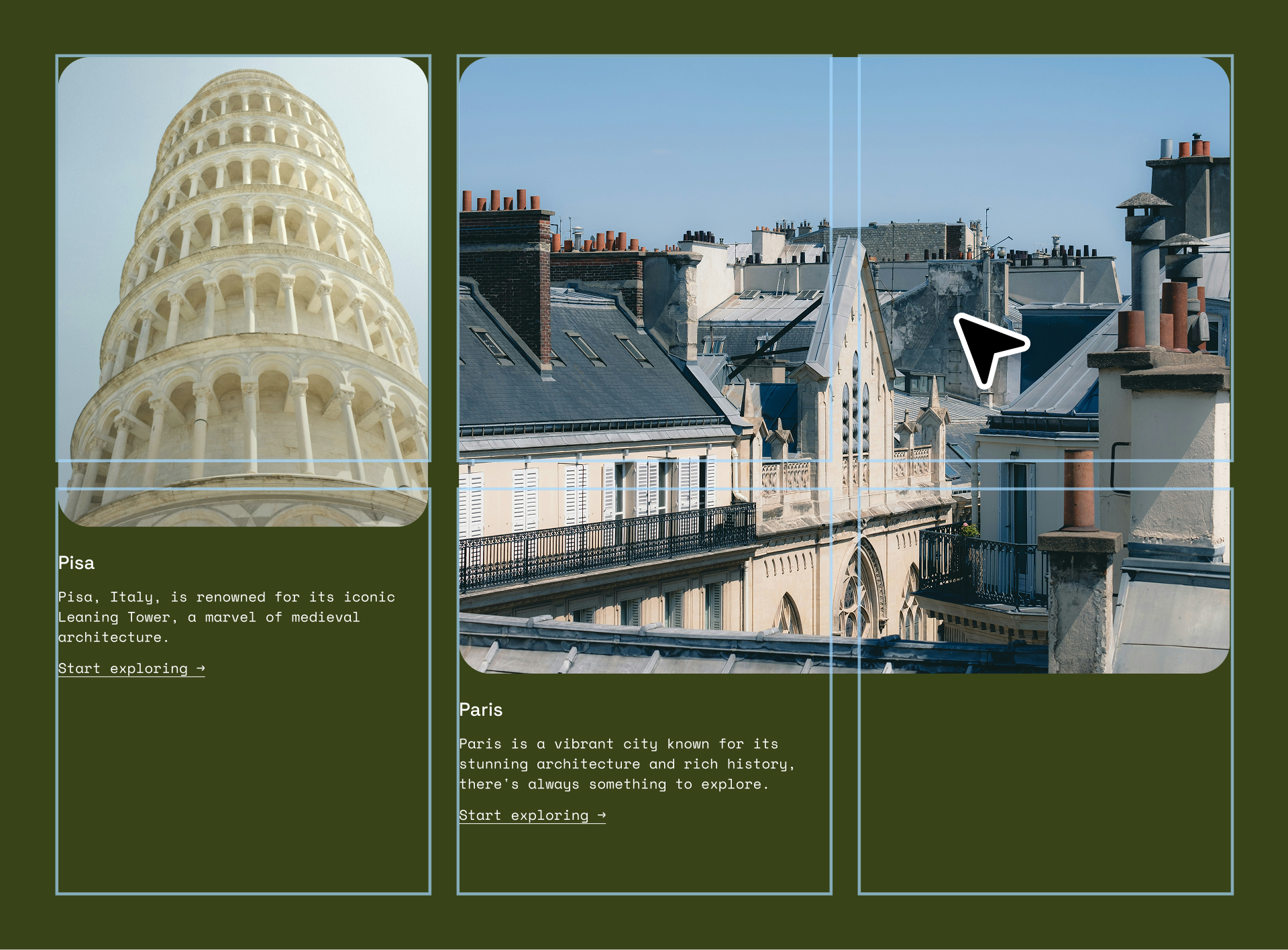 An interface displays draggable UI components snapping into a visible column grid with blue placement outlines.
