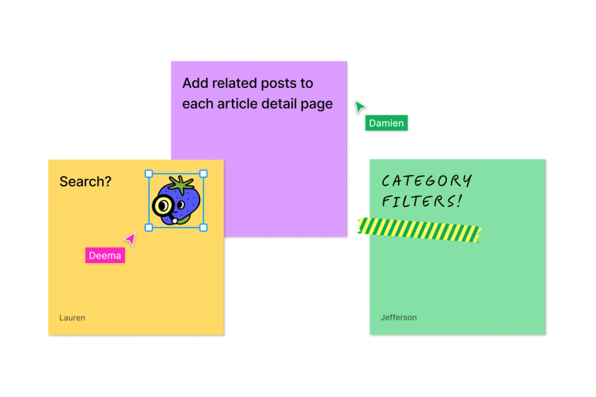 Cursores em um arquivo adicionando adesivos e frases de brainstorm em notas autoadesivas