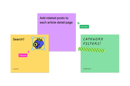 Cursors in a file adding stickers and brainstorming phrases on sticky notes