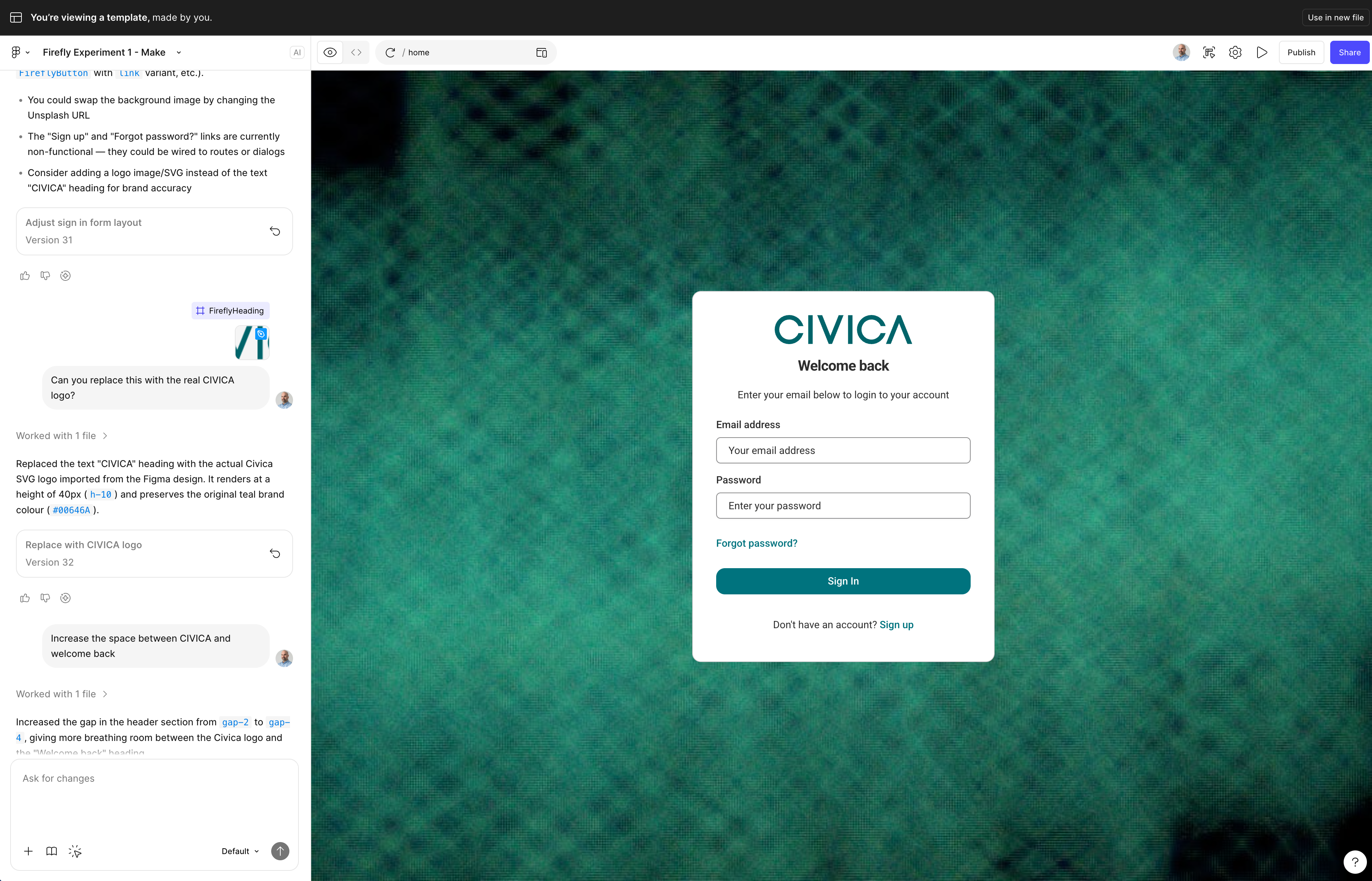 inlogscherm in Figma Make met prompts om de lay-out en styling aan te passen