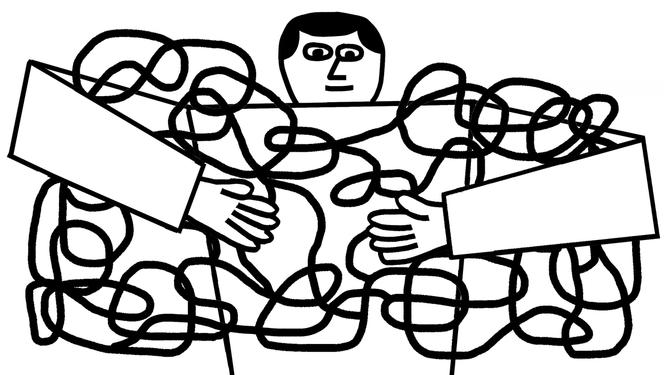 Eine Person, die das Chaos annimmt, dargestellt als Umarmung einer chaotischen, verschnörkelten Linie