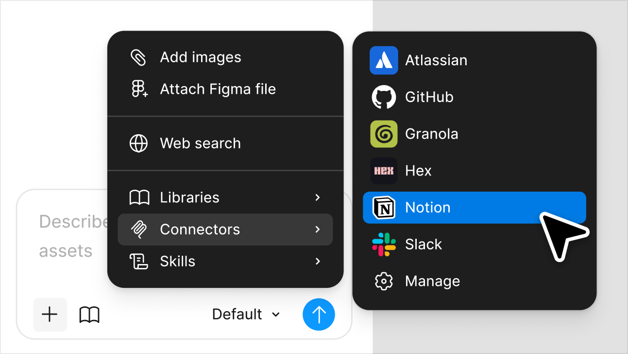 An agent menu for attaching context, showing web search, libraries, and connectors for Atlassian, GitHub, Granola, Hex, Notion, and Slack.