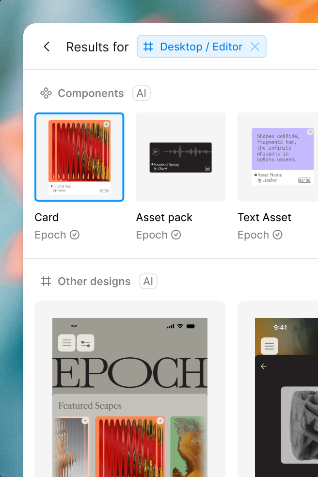 UI of visual search showing images of cards, asset packs, and text assets