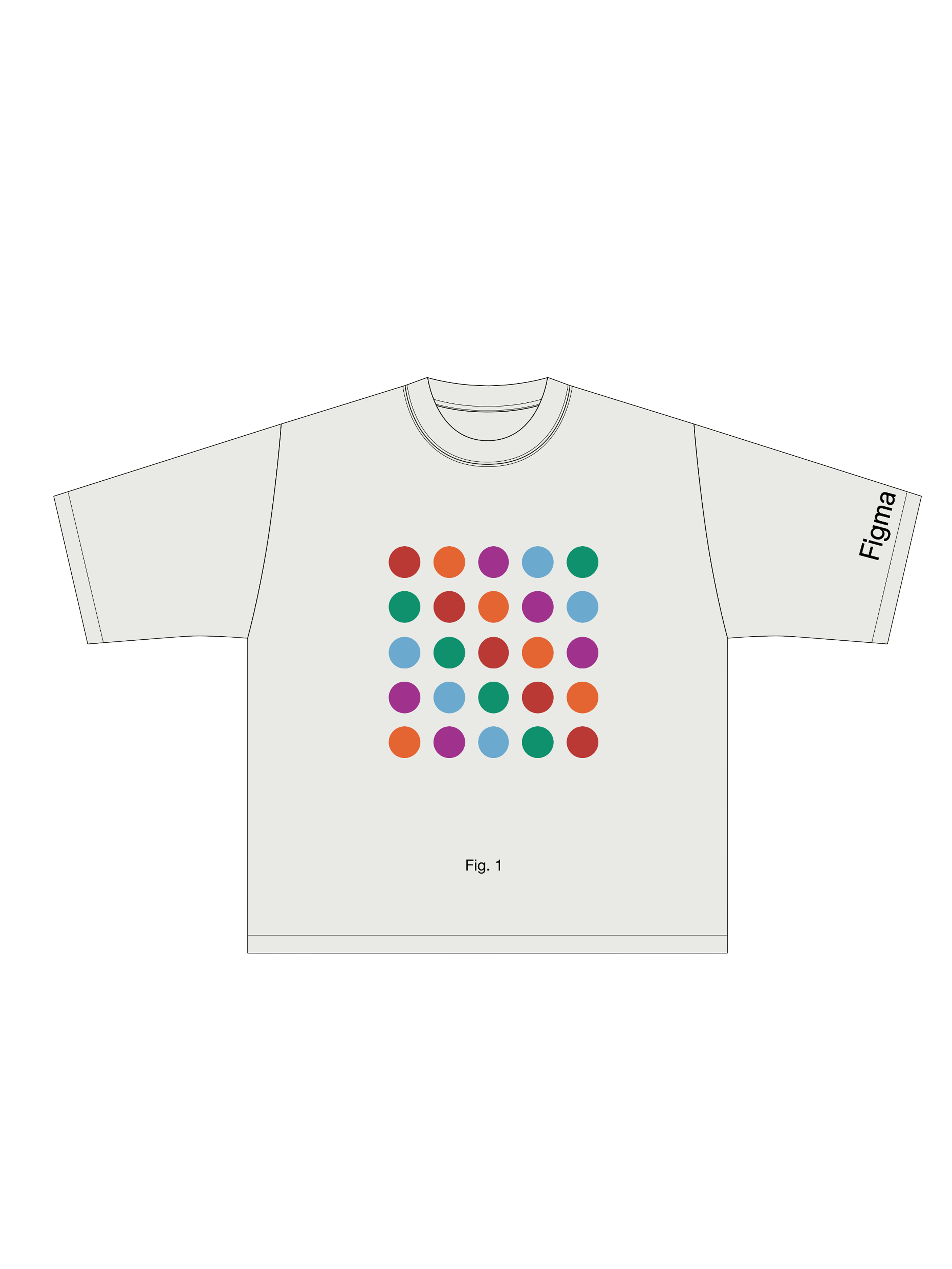 A grid of colorful circles in five rows labeled "Fig. 1" on a white t-shirt mockup with "Figma" on the sleeve