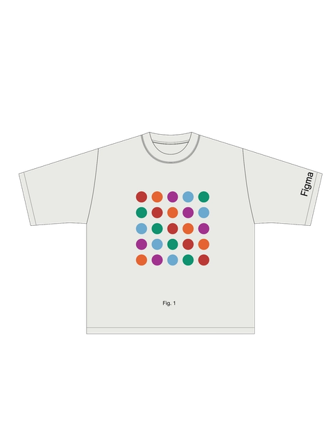 A grid of colorful circles in five rows labeled "Fig. 1" on a white t-shirt mockup with "Figma" on the sleeve