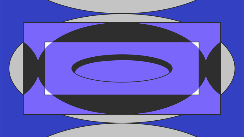 An abstracted button being interpreted in different ways (shown with purple, gray, and black circles) from different perspectives.