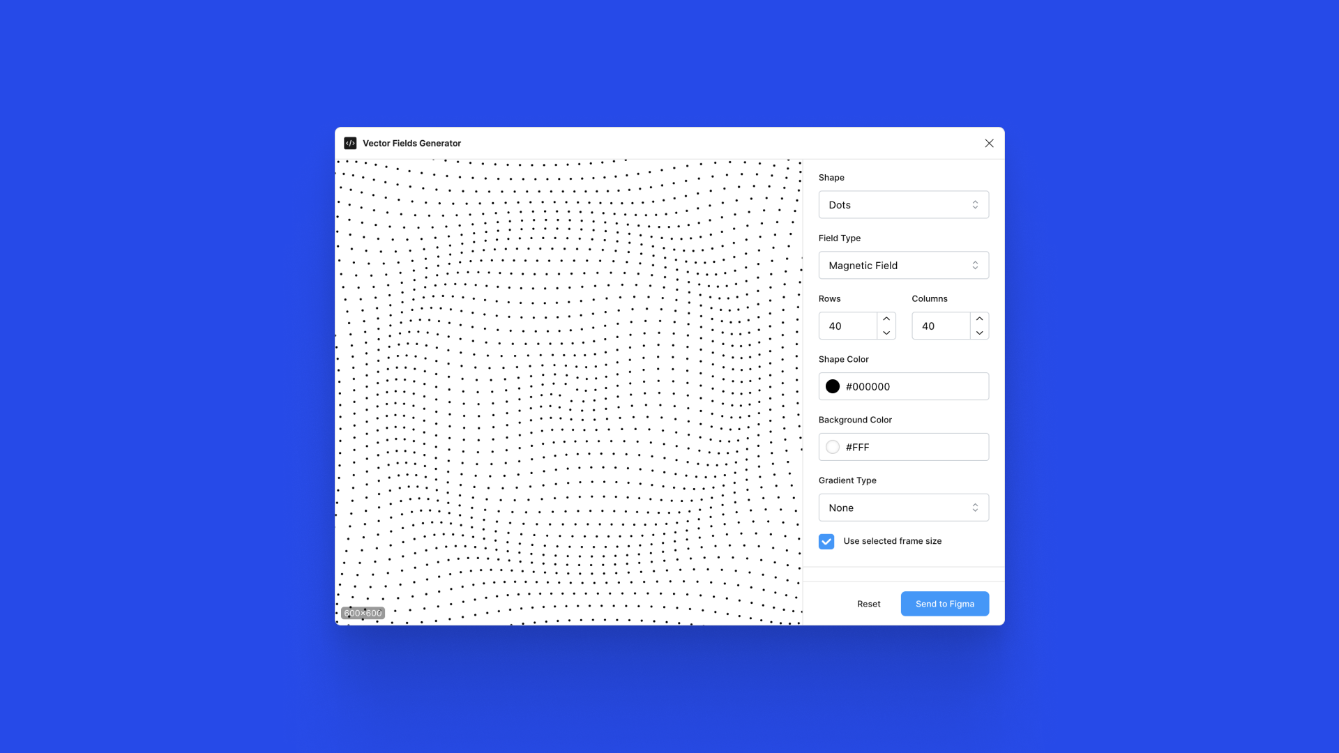 A tool interface over a bright blue background, generating a dot pattern warped to resemble a magnetic field. The interface allows settings adjustments for rows, columns, colors, and gradient types.