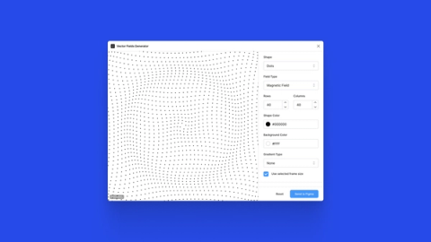 A tool interface over a bright blue background, generating a dot pattern warped to resemble a magnetic field. The interface allows settings adjustments for rows, columns, colors, and gradient types.