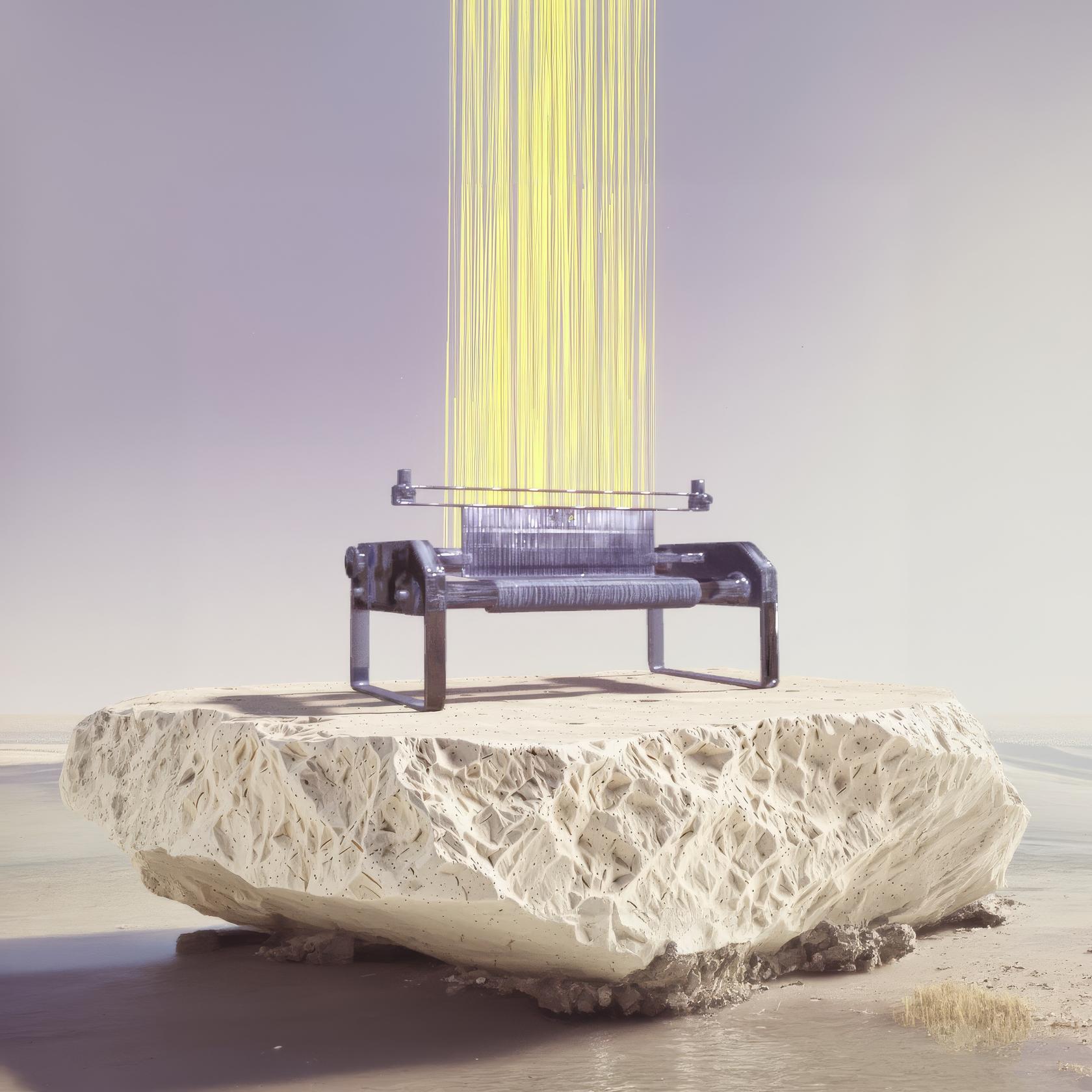A surreal, digitally rendered image of a traditional weaving loom on a large rough-hewn stone pedestal, set in a calm coastal landscape, with glowing yellow threads descending from above into the loom.