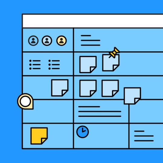 blue and white calendar with icons and sticky notes overlayed on top