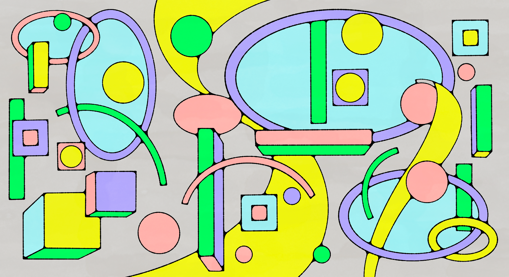 Busy abstract illustration on a grey background: a dense composition of light-blue ovals, yellow and purple cubes, green bars, pink circles, and sweeping yellow and purple ribbons, interspersed with nested squares in pastel colors.