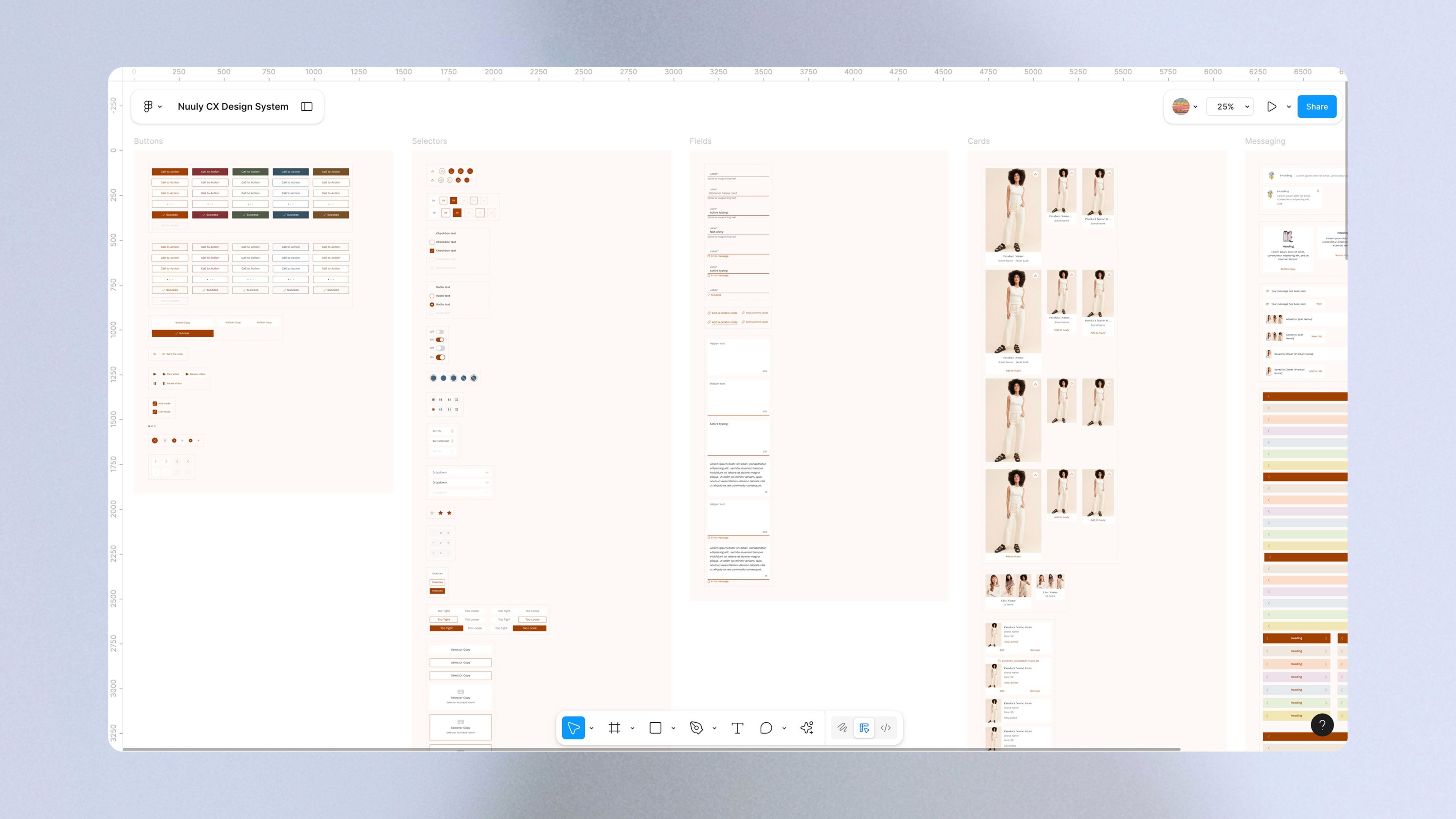 Comprehensive design system in Figma with navigation, cards, trays, modals, and messaging components visible.