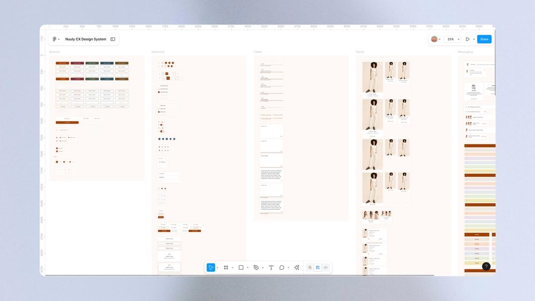 Comprehensive design system in Figma with navigation, cards, trays, modals, and messaging components visible.