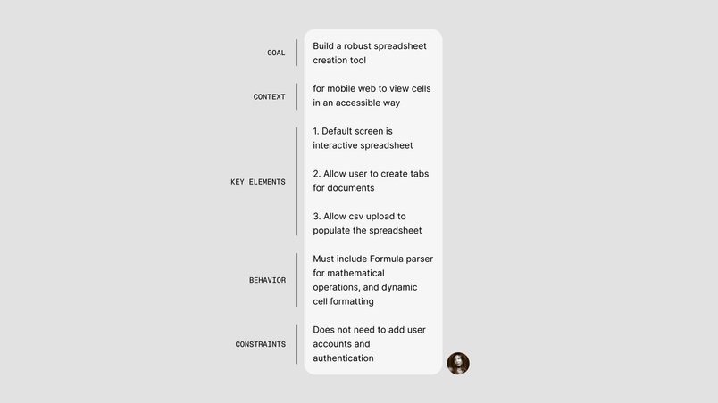 An example of an efficient first prompt detailing the project’s goal, context, key elements, behavior and constraints: “Build a robust spreadsheet creation tool for mobile web to view cells in an accessible way. Default screen is interactive spreadsheet. Allow user to create tabs for documents. Allow csv upload to populate the spreadsheet. Must include Formula parser for mathematical operations, and dynamic cell formatting. Does not need to add user accounts and authentication.