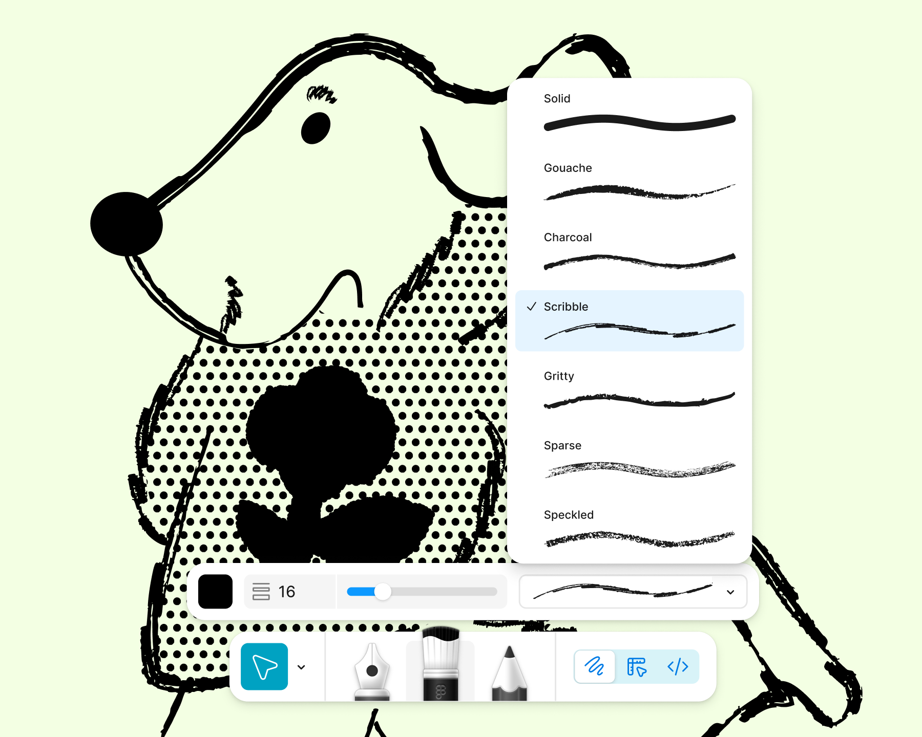 A black-and-white cartoon dog with a stippled chest pattern is shown behind a digital brush style selection menu.