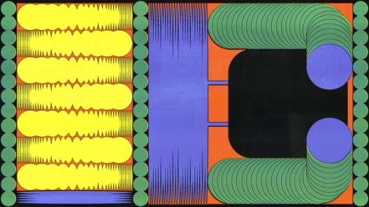 Geometric art with parallel lines, circles, and waves in yellow, green, orange, and blue.