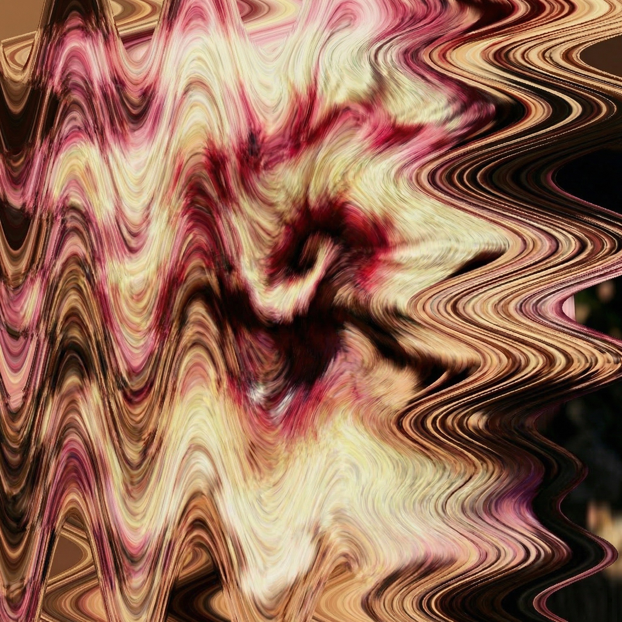 A heavily distorted version of the combined flower and rock image with dense zigzag ripples across the entire surface in pink, cream, and warm brown tones.