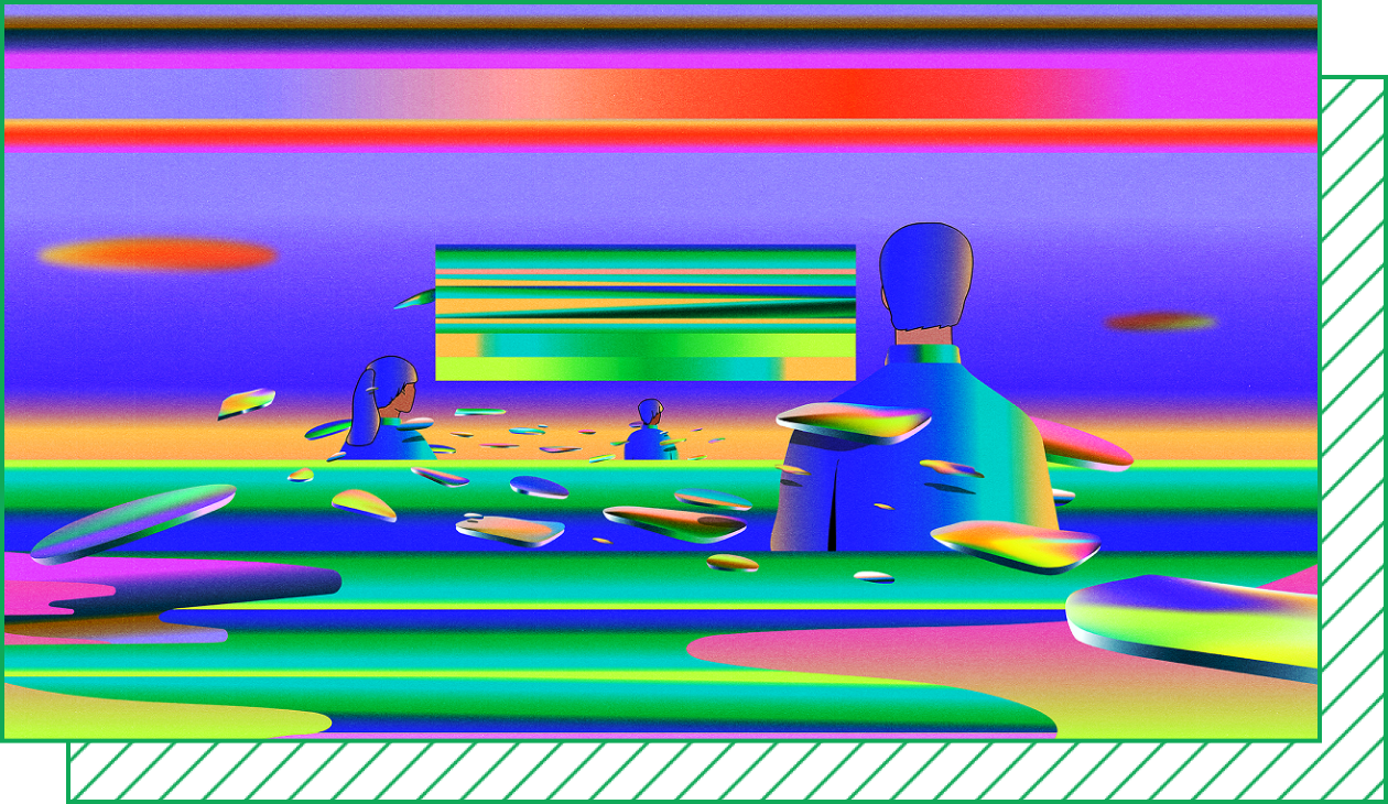 Surreal digital artwork with faceless figures, floating shapes, and vibrant rainbow gradients across an abstract landscape.