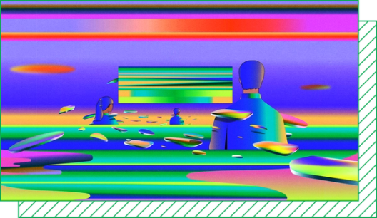 Surreal digital artwork with faceless figures, floating shapes, and vibrant rainbow gradients across an abstract landscape.