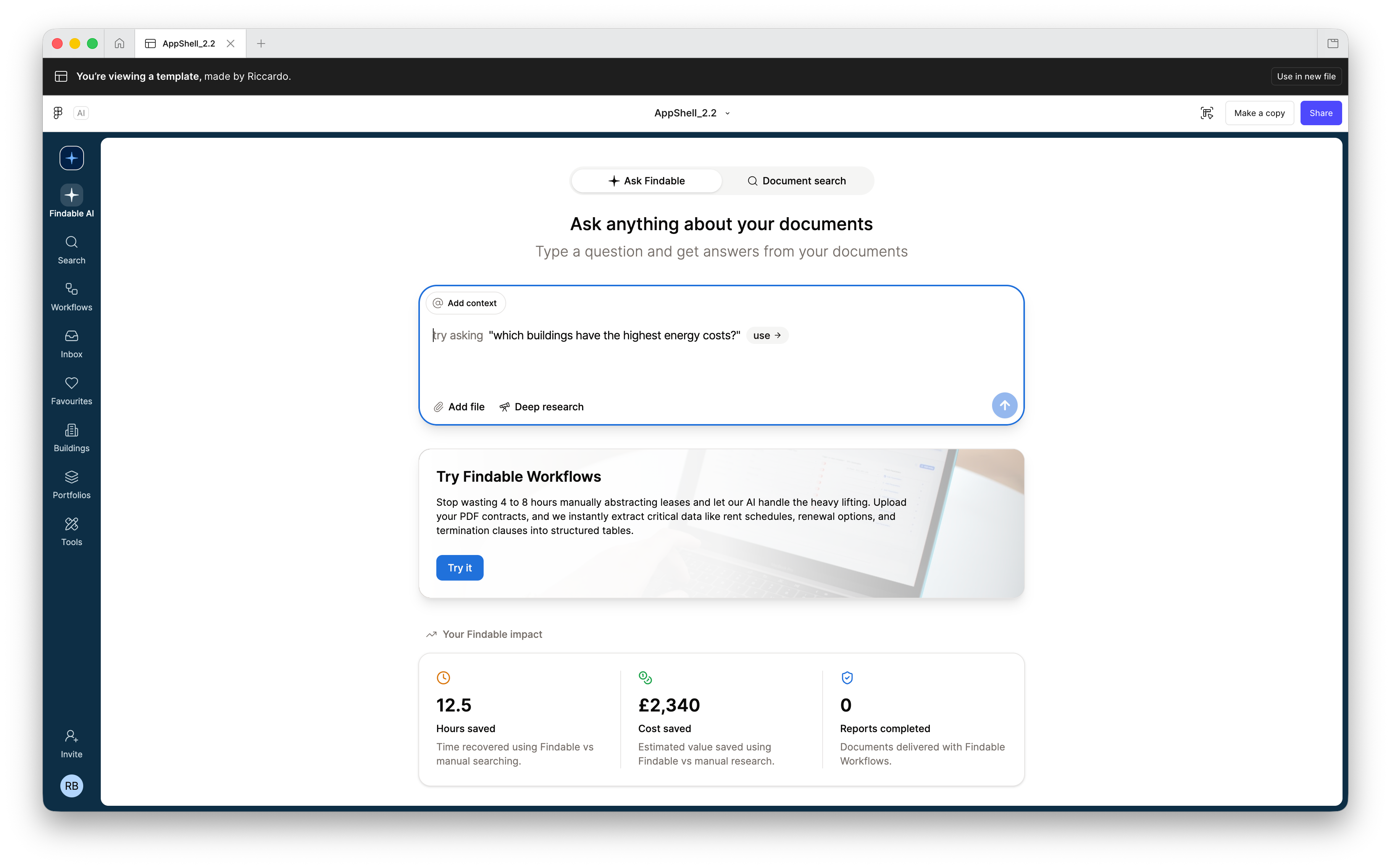 Un elemento visivo della dashboard con un campo di inserimento per porre domande sui documenti presenti nella gestione delle risorse