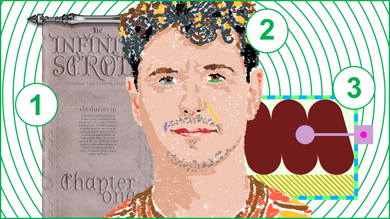 A collage shows (1) a medieval scroll, (2) an illustration of a man with curly hair, and (3) an abstract graphic showing an annotation on a bubbly shape.