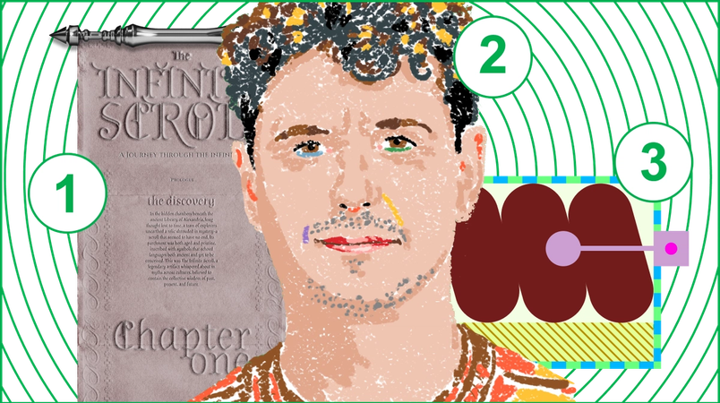 A collage shows (1) a medieval scroll, (2) an illustration of a man with curly hair, and (3) an abstract graphic showing an annotation on a bubbly shape.