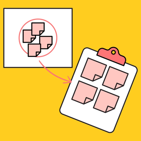 a group of four red sticky notes pointing to a clipboard with four red sticky notes