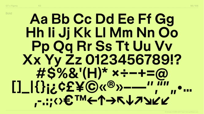 Black text on lime green background showing the character set of Figma Sans Bold