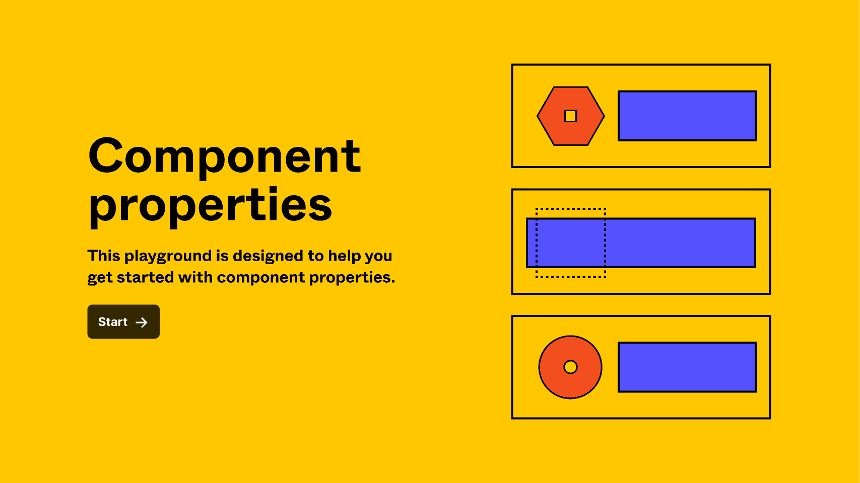 Yellow title card reading "Component properties" with an abstract graphic of rectangular, hexagonal, and circular shapes.