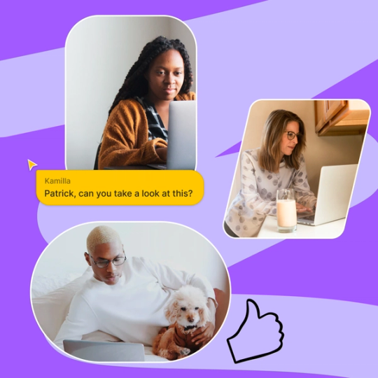 Trzy osoby używające laptopów w towarzystwie siedzącego nieopodal psa.