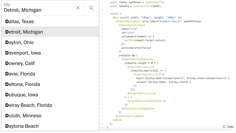 Side-by-side comparison of an early stage design of the input search component, with the left side displaying the Figma mock-up and the right side showing the corresponding coded component.