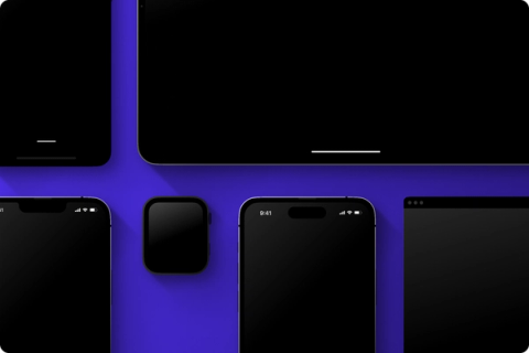 A collection of black screens on various devices including a smartphone, tablet, smartwatch, and laptop arranged against a purple background.