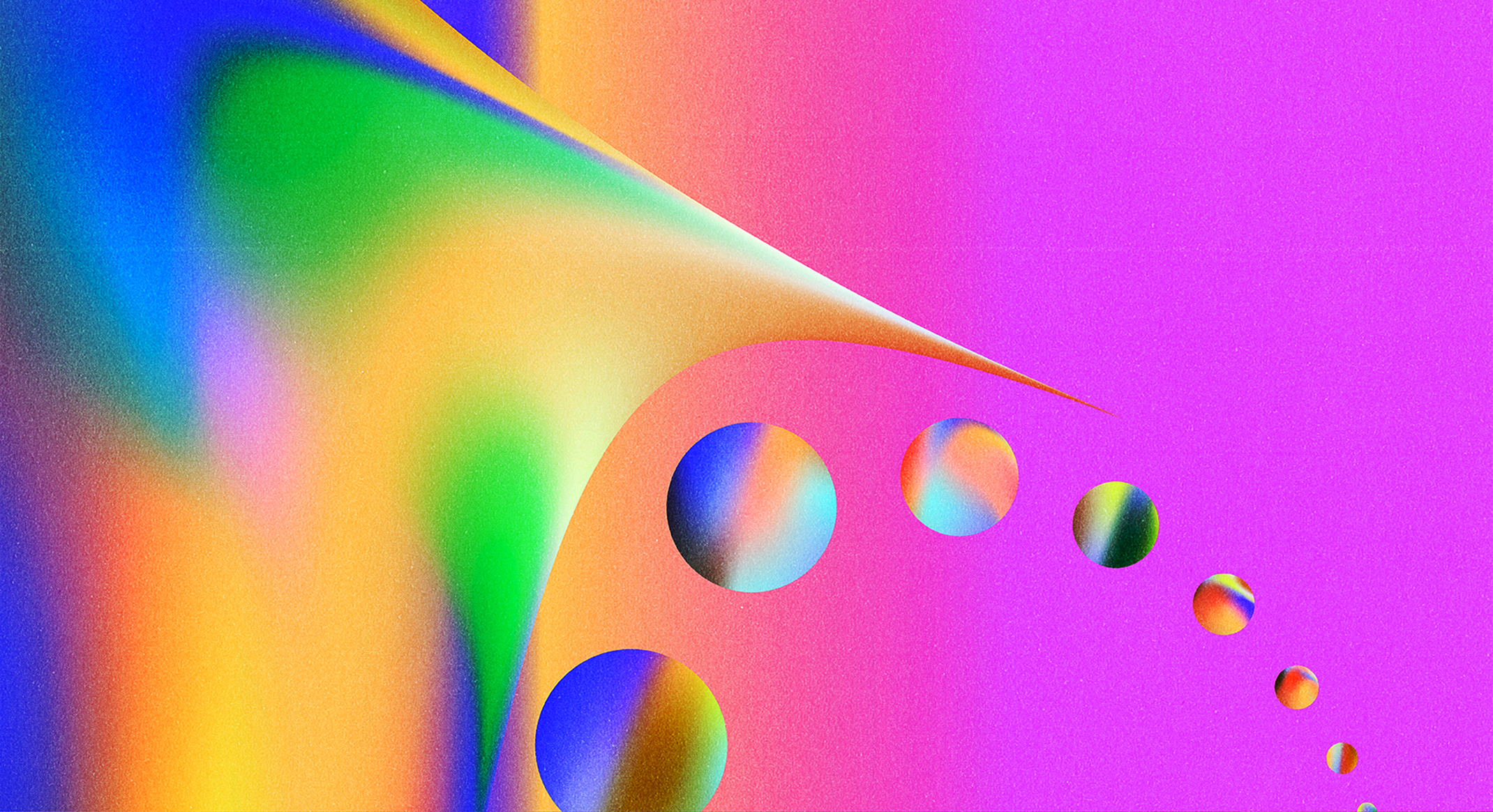 Abstract digital artwork with a vivid pink and blue gradient background, featuring bold green diagonal stripes and a single rainbow-colored sphere floating nearby