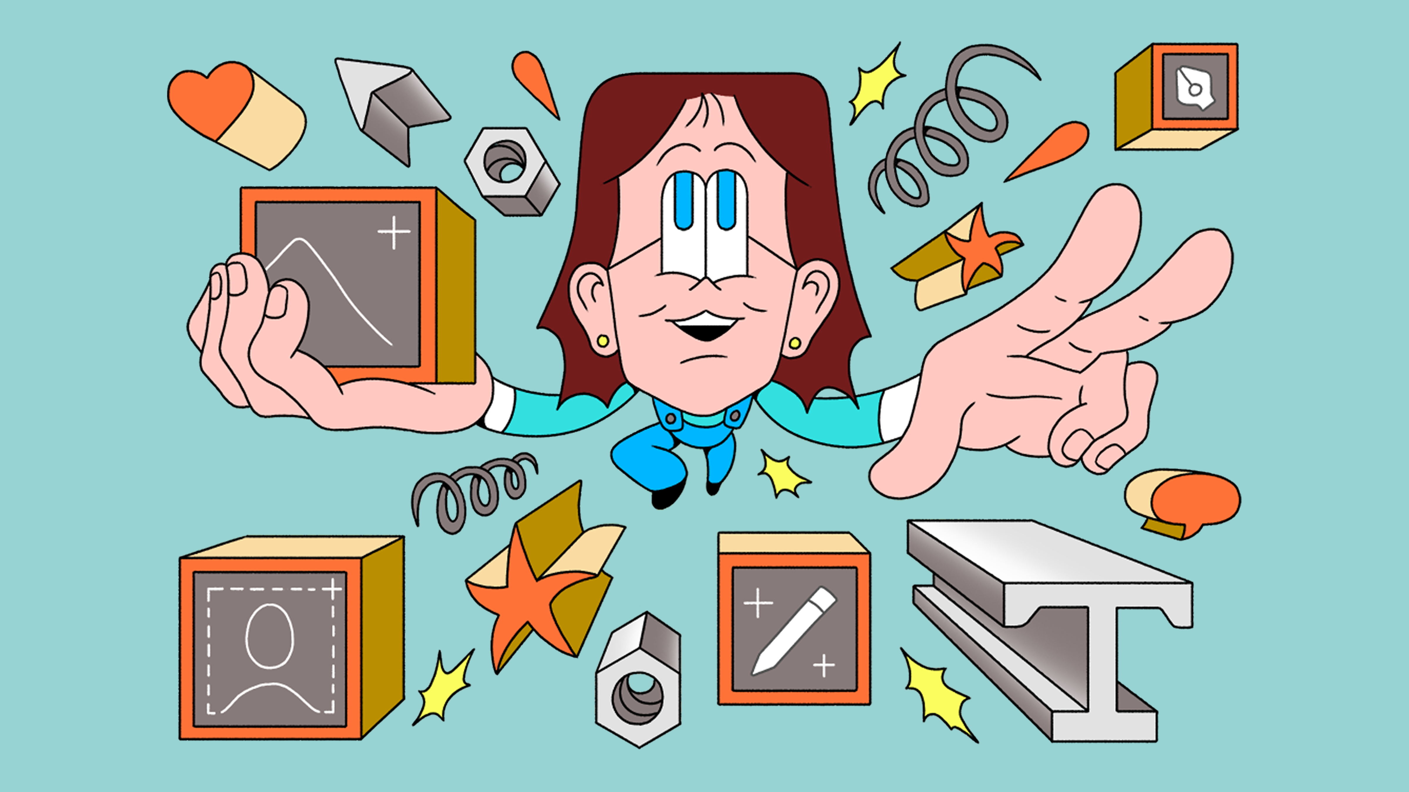 Cartoon designer floating and juggling UI cubes with chart, avatar, and pencil icons, surrounded by springs and shapes.