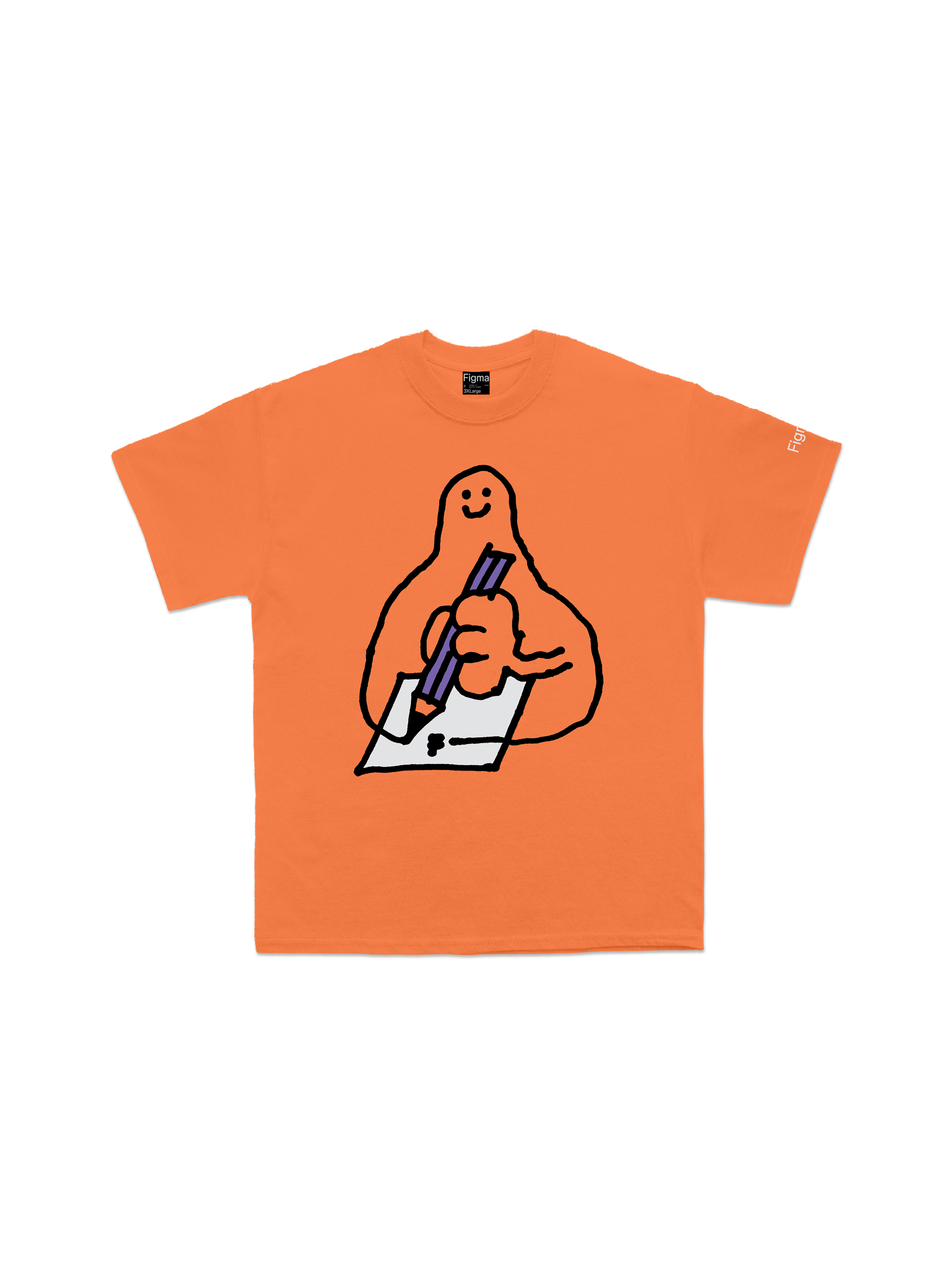 Illustration of a smiling figure holding a pen on an orange tshirt