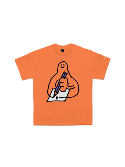 Illustration of a smiling figure holding a pen on an orange tshirt