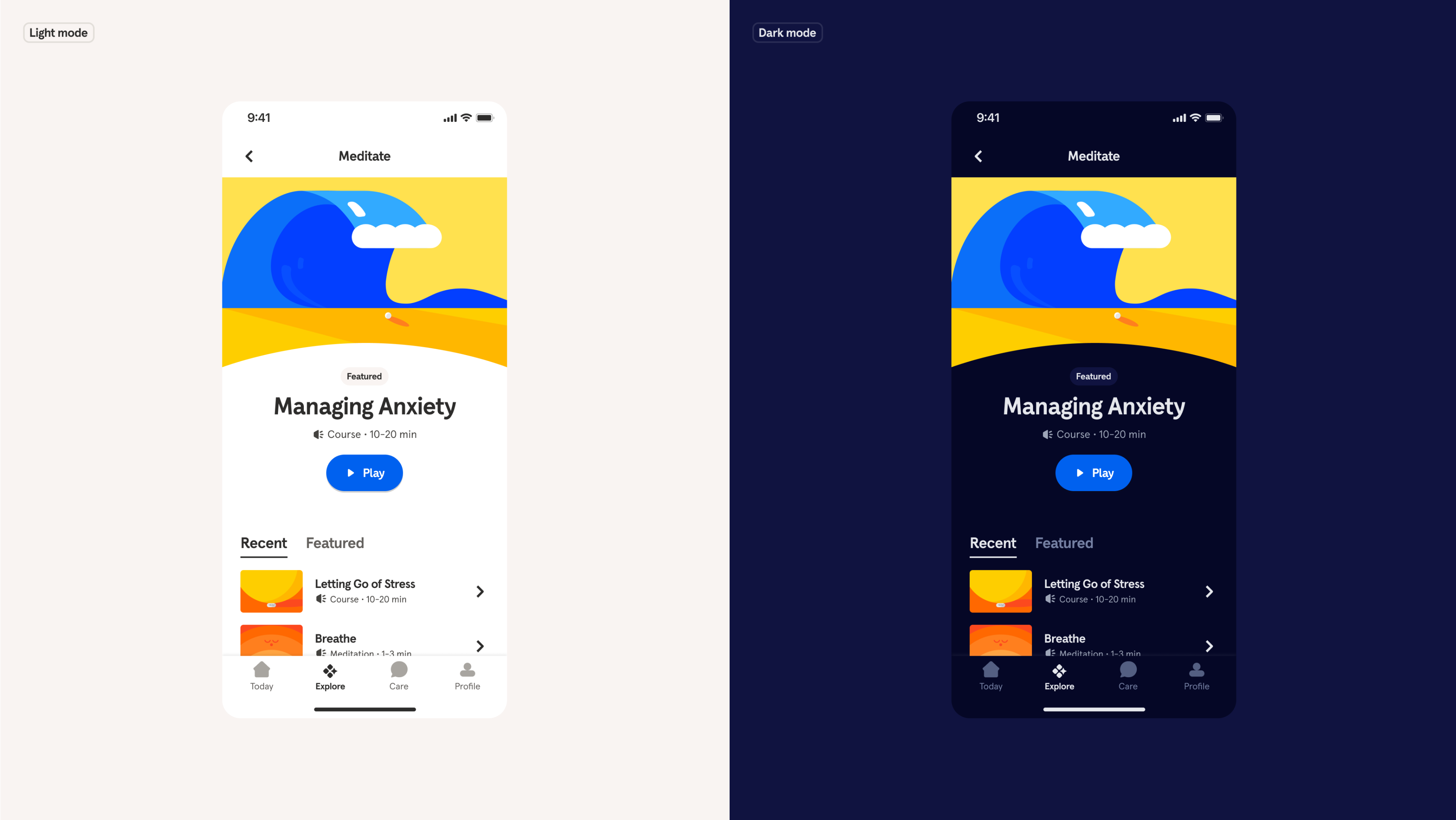 An image of Headspace's app in light or dark mode