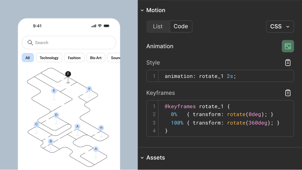 An animated museum map is shown side-by-side with the code behind it.