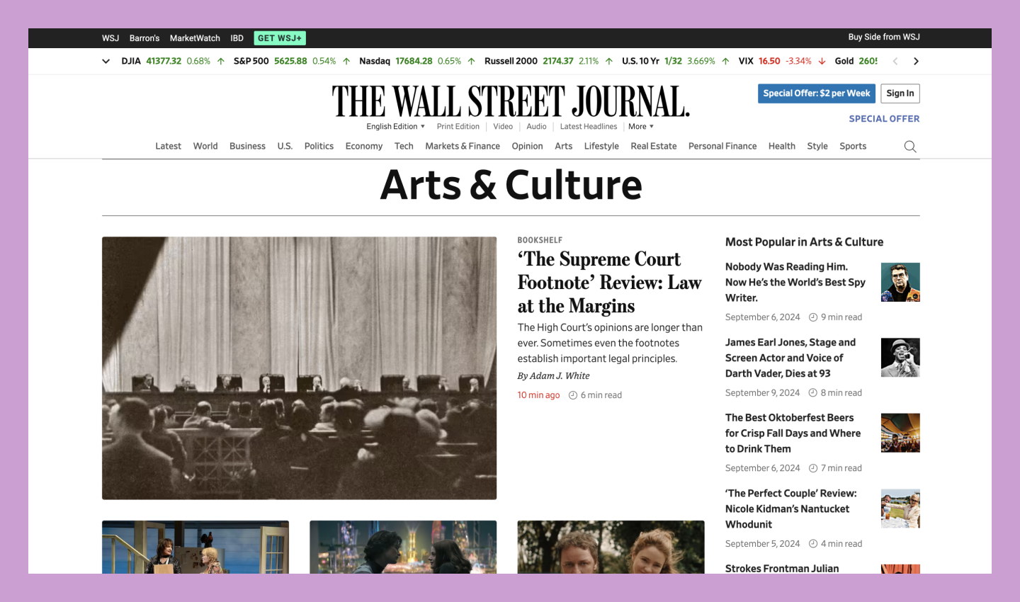 Wall Street Journal homepage with dynamic content and real-time stock market updates.