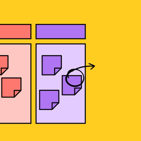 purple rectangle with sticky notes and an arrow pointing off the purple rectangle