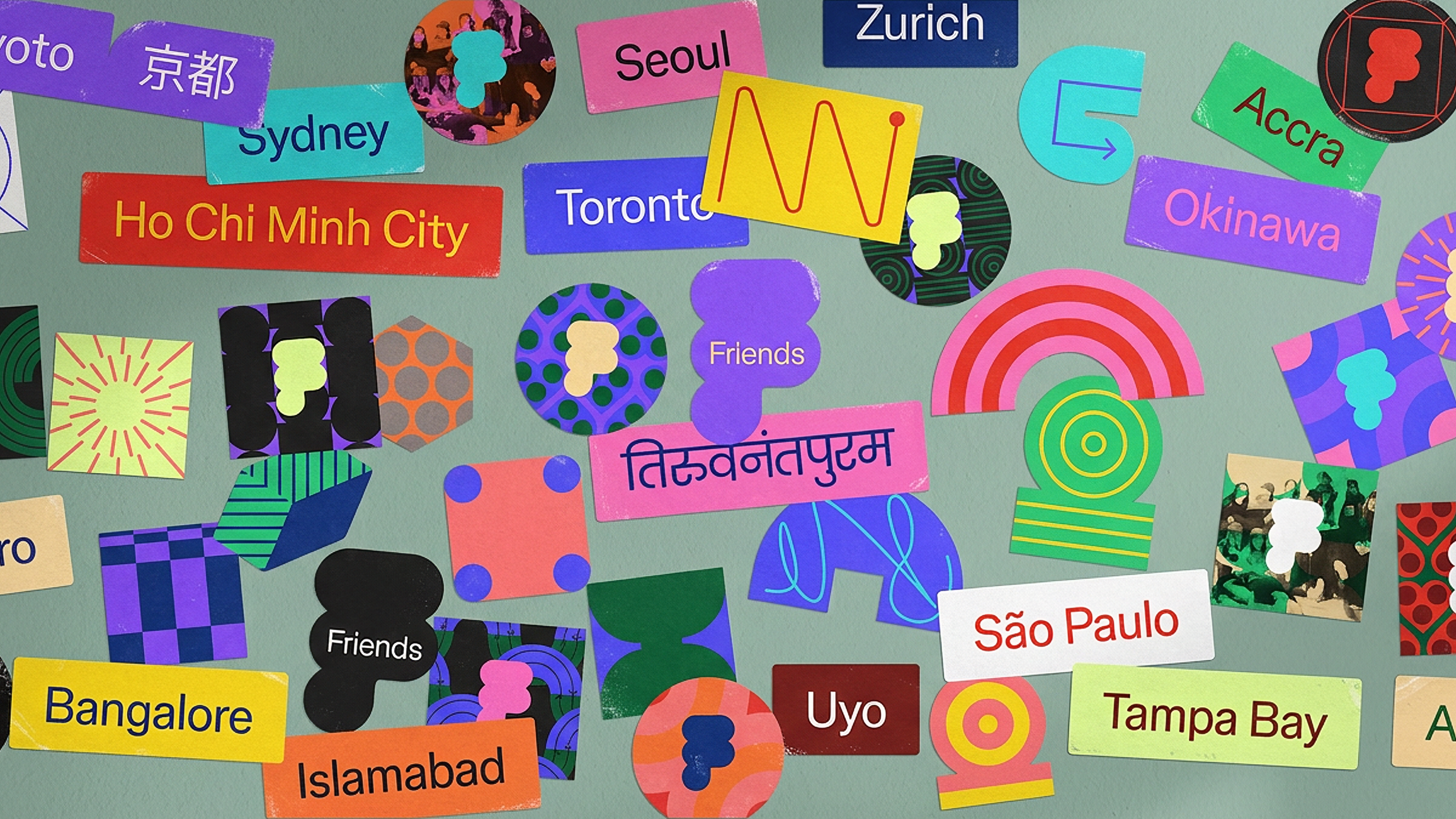 A colorful collage of Friends of Figma stickers and chapter badges