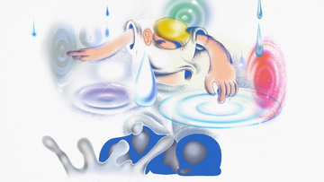 Illustrated abstract scene of a person with yellow hair leaning through a circular portal, reaching out to touch glowing colorful ripple surfaces and water droplets.