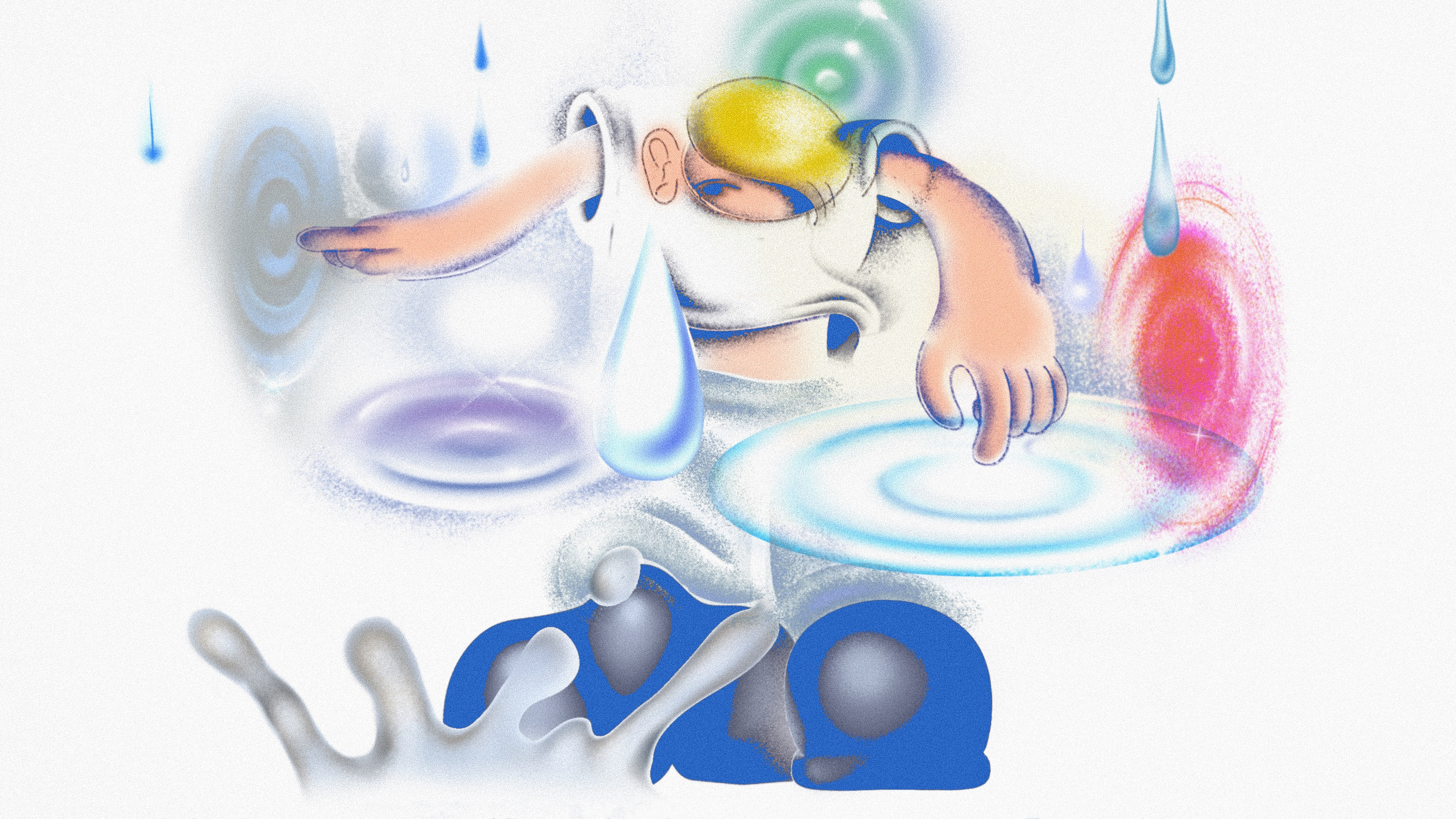 Illustrated abstract scene of a person with yellow hair leaning through a circular portal, reaching out to touch glowing colorful ripple surfaces and water droplets.