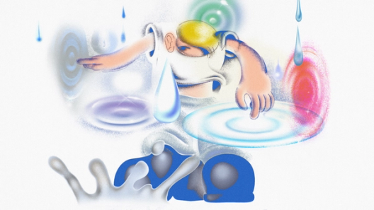 Illustrated abstract scene of a person with yellow hair leaning through a circular portal, reaching out to touch glowing colorful ripple surfaces and water droplets.