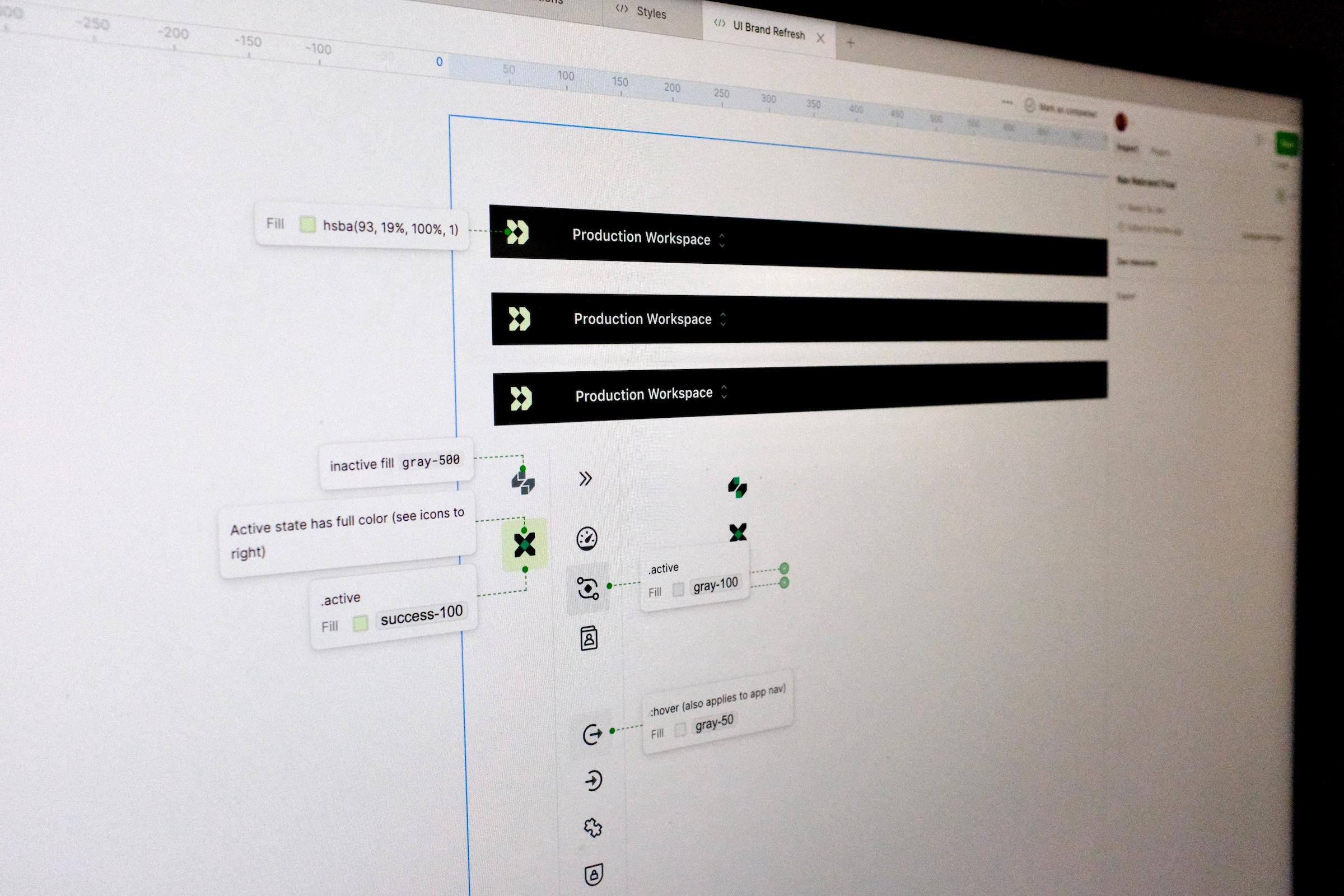 Annotations within Figma file of variables and guidance for designed elements