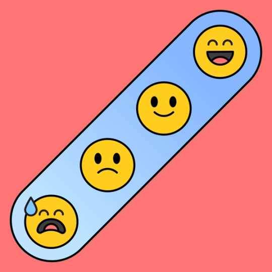 four emojis expressing the emotions of crying, sadness, happiness and laughter