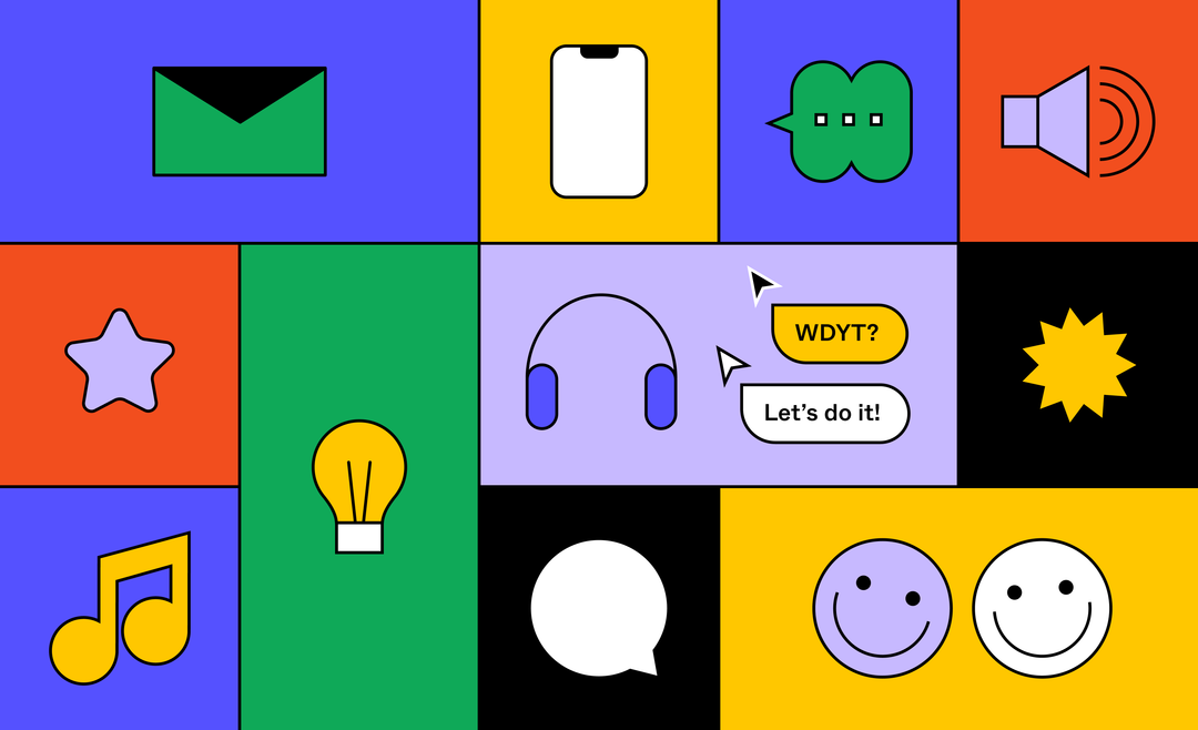 Illustrations surrounding headphones with comments that say, "WDYT?" and "Let's do it!"
